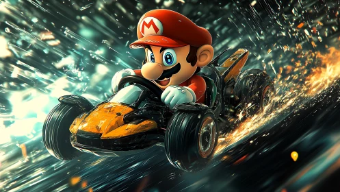 Cartoon racer drives blazing futuristic drift kart.