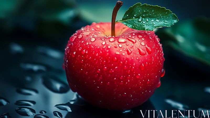 Red apple glistens with water droplets on dark surface.