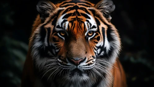 Tiger portrait shows frontal head view with dark background