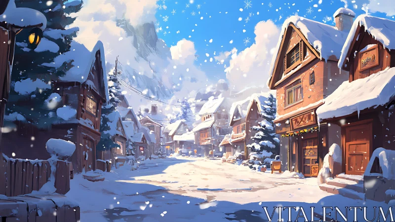 Snow covered alpine village street under bright winter sun