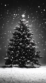 Snow covered Christmas tree with star in snowfall.