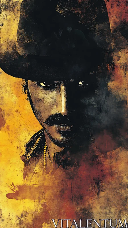 Gritty western gunslinger portrait in smoky textured shadow.
