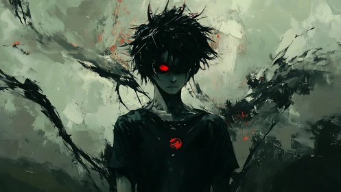 Dark-haired figure radiates eerie power in abstract gloom