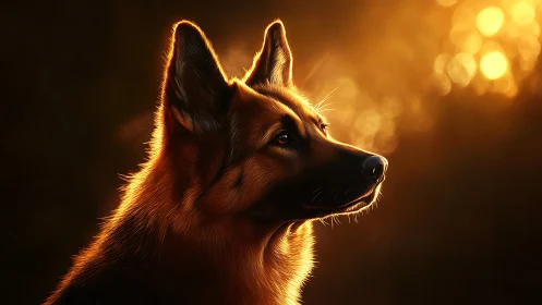 Regal German Shepherd glows in golden sunset light