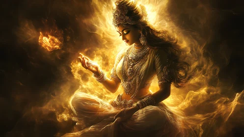Fiery goddess-like figure meditating in glowing golden light.
