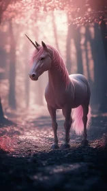 Gentle unicorn glows softly in a pink enchanted forest path