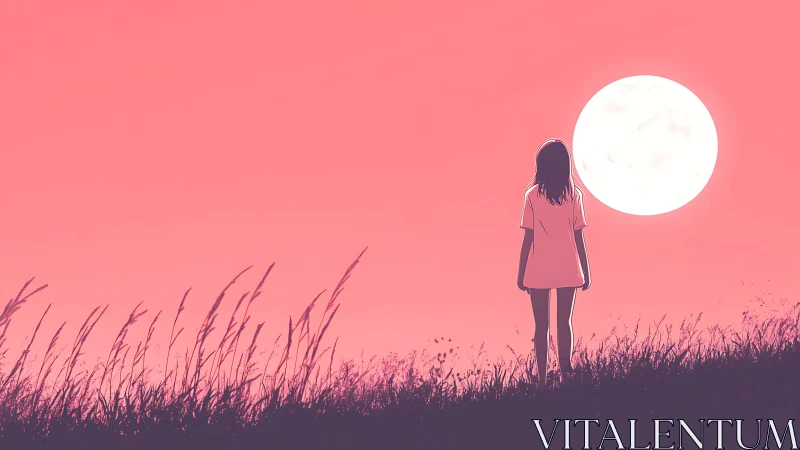 Backlit silhouette girl against overscaled lunar disc at dusk.