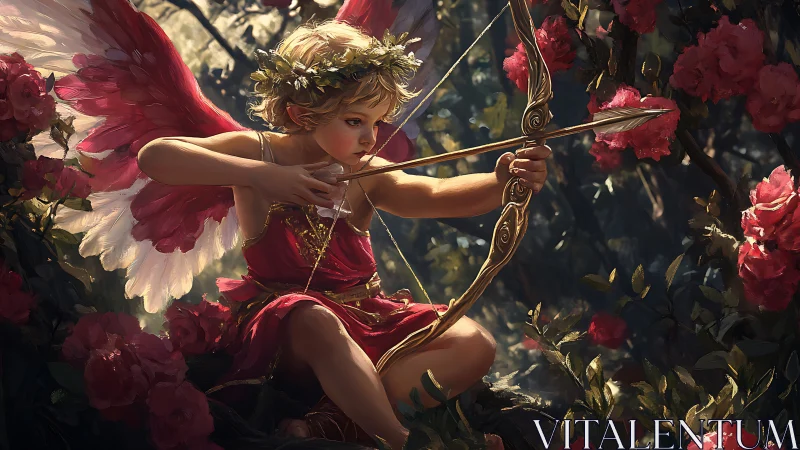 Winged child archer in rose garden with golden bow poised.