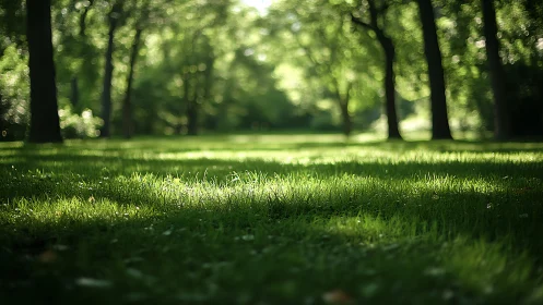 Sunlit forest lawn glows softly under a tranquil green canopy