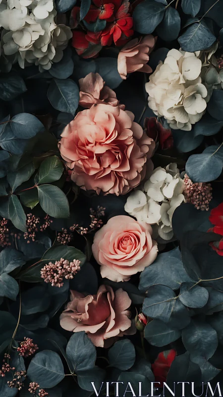 Layered floral arrangement with roses, white blooms and eucalyptus foliage