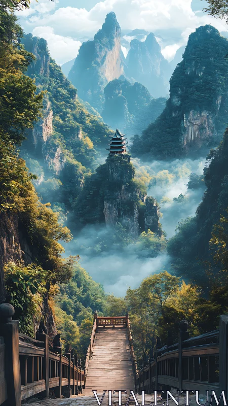 Skyward temple path winding through emerald misted peaks.