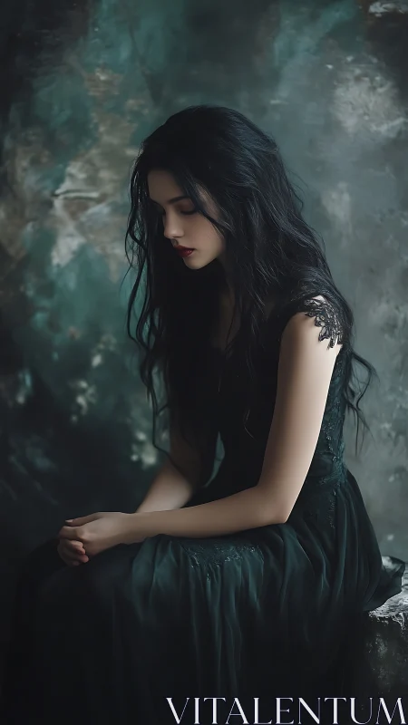 Melancholic young woman in teal dress rendered as digital painting