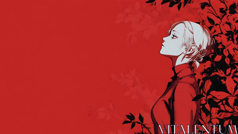 Quietly reflective girl in red framed by bold dark leaves.