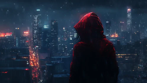 Red-hooded silhouette surveying neon-bleeding rain cityscape.