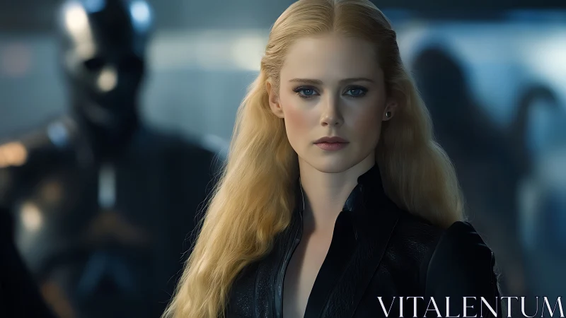 Cinematic blonde heroine in black leather amid armored silhouettes.