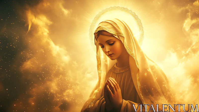 Golden religious artwork of praying veiled woman with halo.