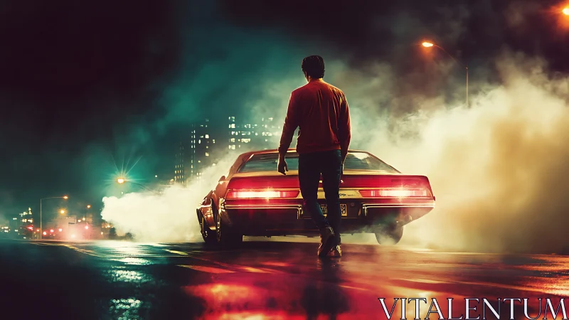 Night street wanderer beside smoke drenched muscle car.