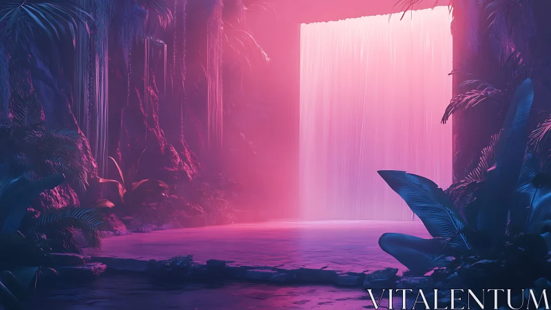 Neon dusk cascade in a dreamlit jungle grotto portal.