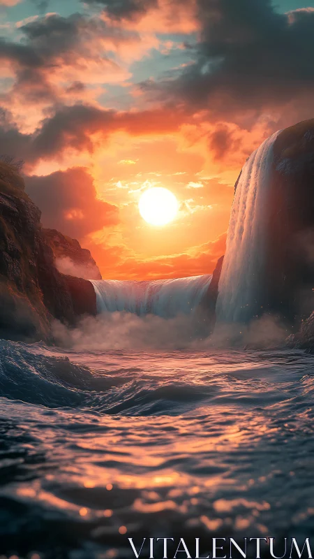 Sunfire falls pouring into a twilight ocean dreamscape.