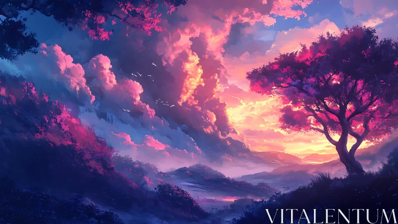 Twilight blossom tree guarding a neon-dream horizonscape.