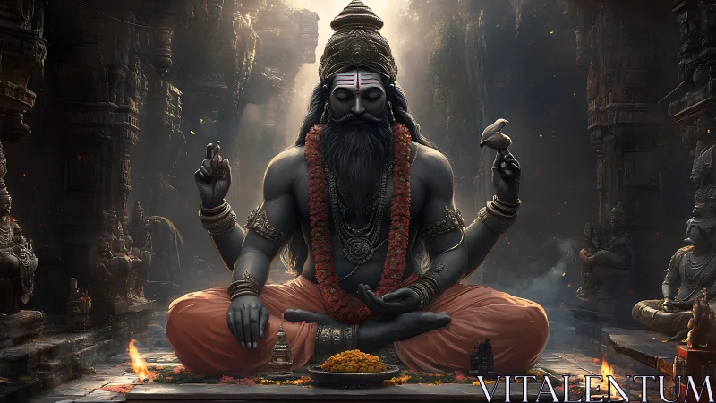 Divine yogi statue in smoky temple light and warm embers.