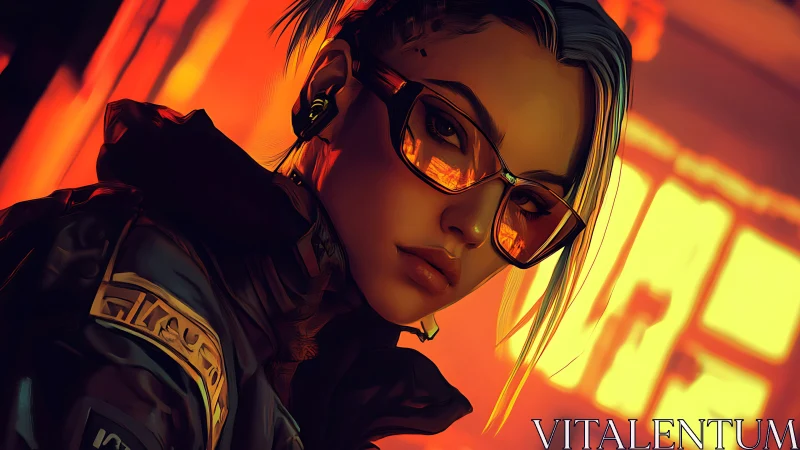 Cyberpunk operative with orange neon reflections in visor.