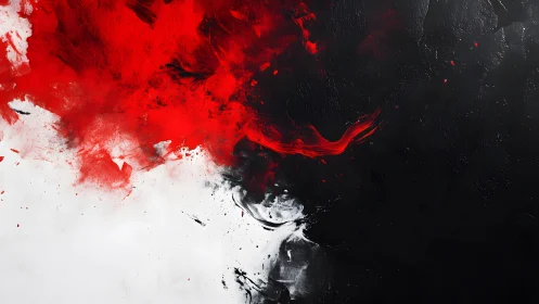 Abstract red, black, and white paint splash on dark textured canvas.