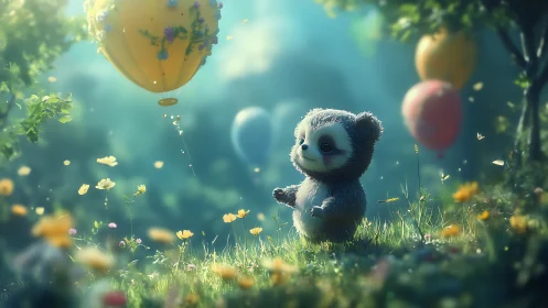Cute baby panda with balloons in a dreamy forest meadow.