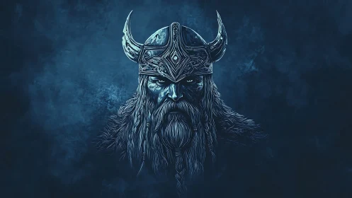 Storm-lit viking warrior portrait in moody blue shadows.