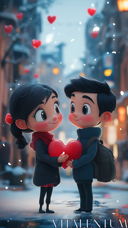 Animated Couple Holding Heart on Winter City Street