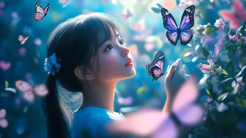 Girl in dreamy garden surrounded by glowing butterflies.