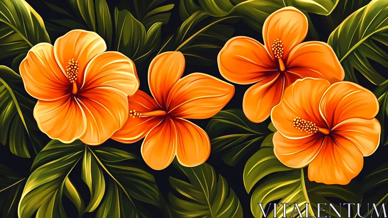 Luminous Hibiscus Dance: Tropical Fire Blooms Ignite Emerald Shadows.