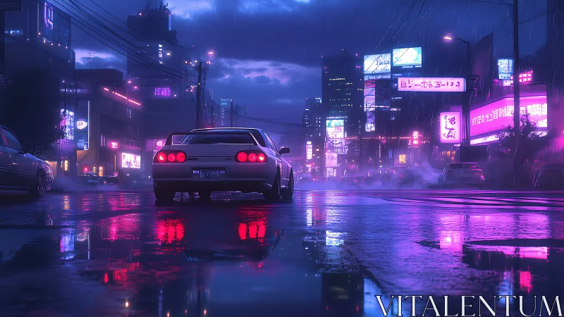 Neon-soaked cyber-avenue with retro coupe under rainfall.