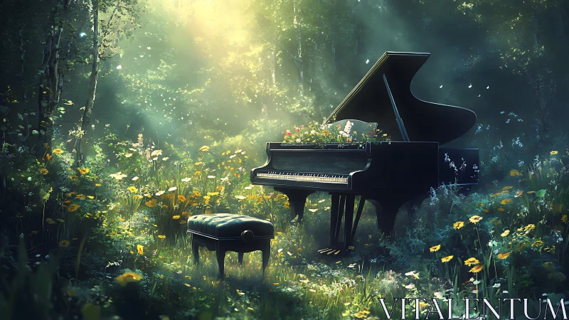 Grand piano integrated with wildflower meadow under volumetric light
