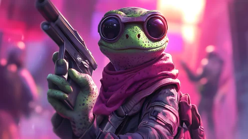 Cyberpunk frog operative with pistol in neon alleyway.