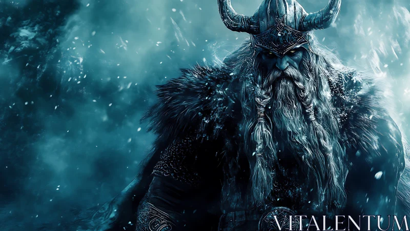 Frostbound Viking warlord under swirling glacial storm light.