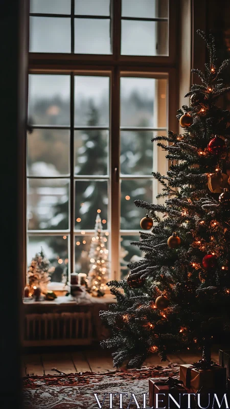 Warm Christmas tree glows beside frosted winter window.