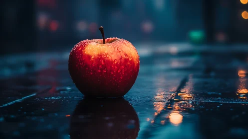 Red apple with water droplets on wet reflective street