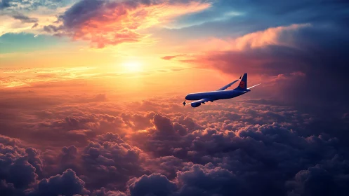 Passenger jet crossing radiant sunset cloud horizon.