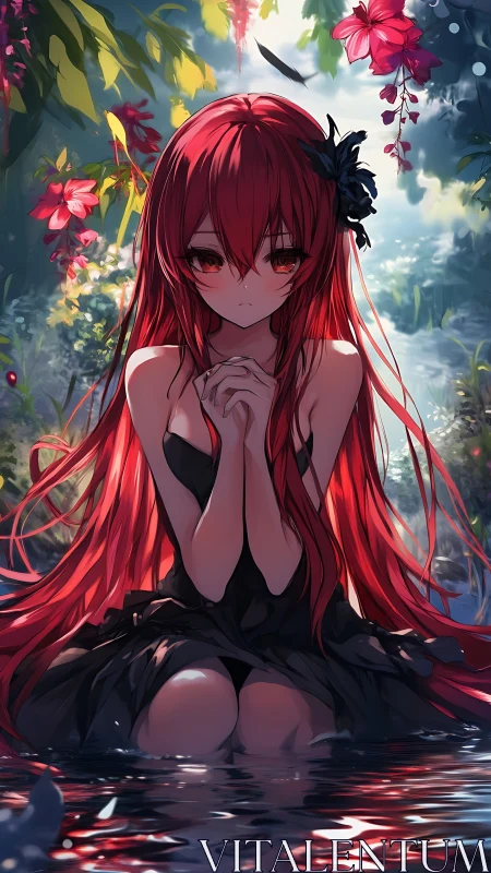 Red-haired anime girl kneels in reflective water under floral canopy