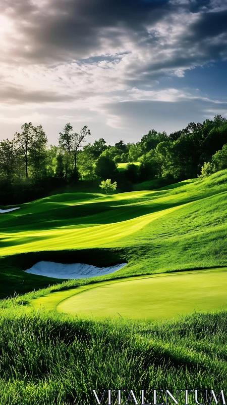 Sunlit championship golf course under dramatic stormlight.