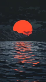 Crimson sun sinks beyond dark mountains over rippling sea