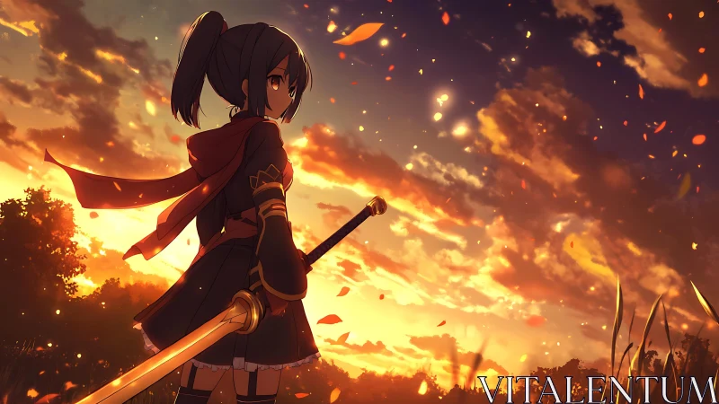 Sunset-blade heroine pauses beneath a storm of golden embers.