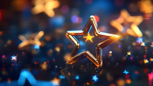 Golden Star Ornament with Bokeh Lights in Festive Abstract Style.