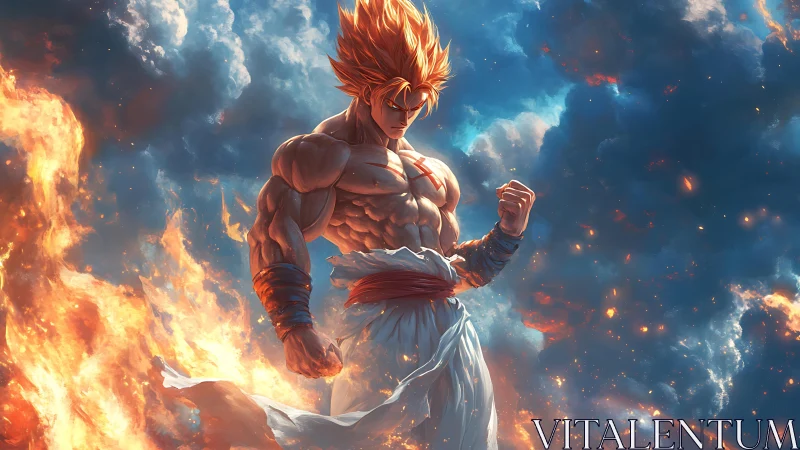 Fiery sky warrior ascending amid swirling storm clouds.