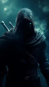 Hooded rogue with glowing eye stalks through misty teal void
