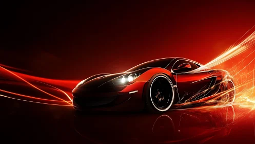 Red sports car racing through glowing light trails at speed.