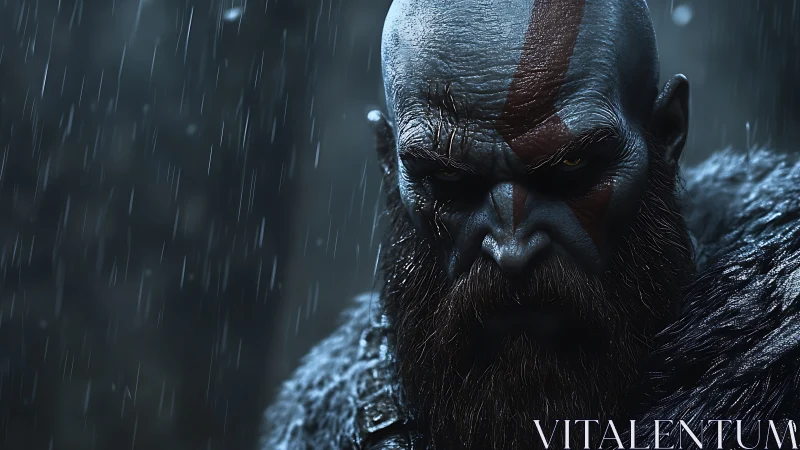 Warrior portrait in icy rain with scarlet facial markings.