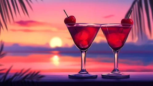 Sunset Cocktails with Cherry Garnish Over Ocean Horizon.