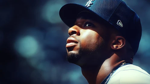 Hopeful baseball player gazes upward under vivid stadium light